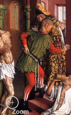 Detail aus der Karlsruher Passion, sptes 15. Jahrhundert, Beispiel fr die Darstellung von Zaddeln