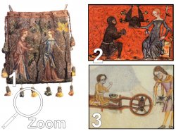 1: Tasche, Mitte 14tes Jhd, Frankreich, 2: Minnekästchen, Flandern, 3: Darstellung, Luttrell Psalter