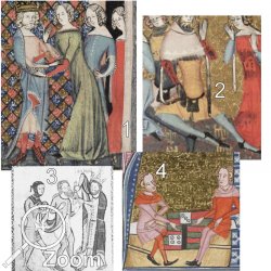 1+2: Alexanderroman, Flandern, 1345, 3: HS2505, Deutschland, 1360, 4:Royal 6E IV, 1350, England