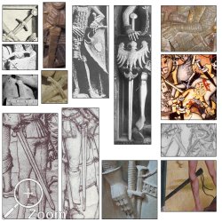 Kreuzformen, Schwertlängen, Scheidenaufhäng. u. Knaufformen bei Statuen und Darstellungen, 14/15.Jhd