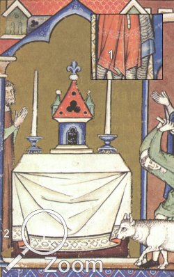 Details aus der Morganbibel, 1250-60, Frankreich: 1: Mustervorlage, 2: Bestickte Tisch-/Alterdecke