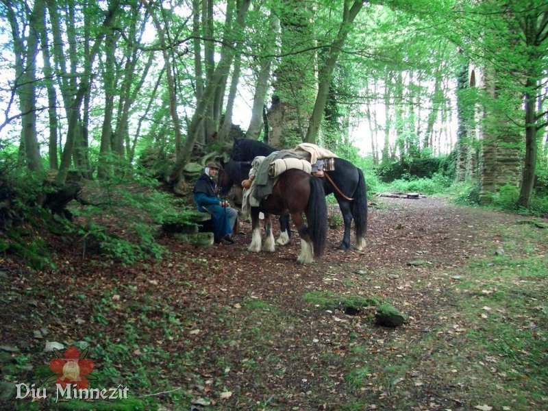 Pilger des 13ten Jahrhunderts bei einer Pause mit 2 Pferden