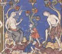 Biblisches Rollengleichnis: Adam und Eva in der Kreuzfahrerbibel, Frankreich, 1250: sie spinnt mit Spindel und Rocken, er bestellt das Feld